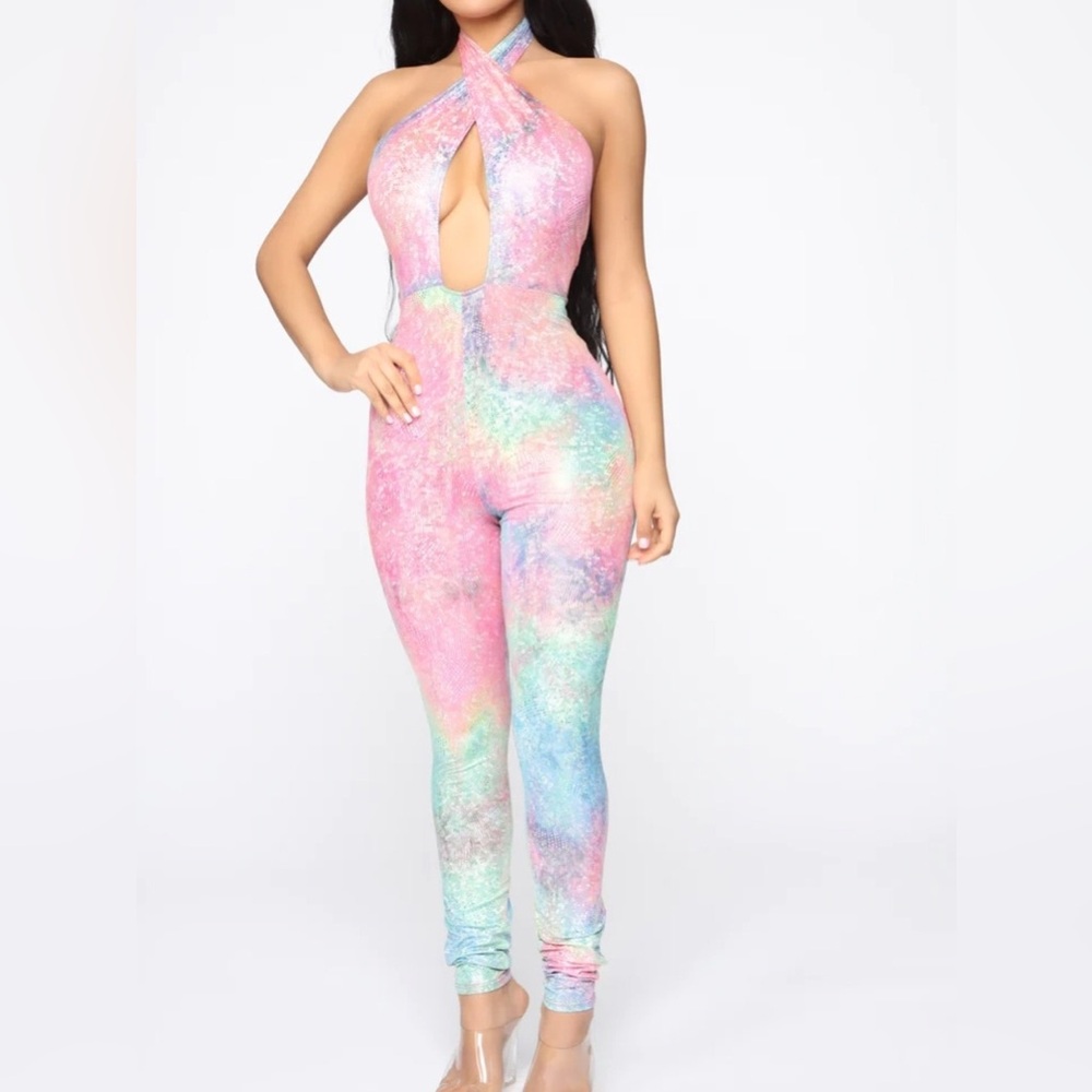 Sparkly Pastel Rainbow Tie Dye Halter Jumpsuit